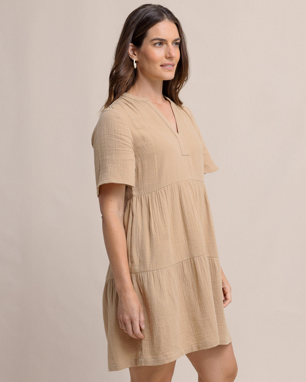 The side view of the Southern Tide Harper Short Sleeve Dress by Southern Tide - Travertine