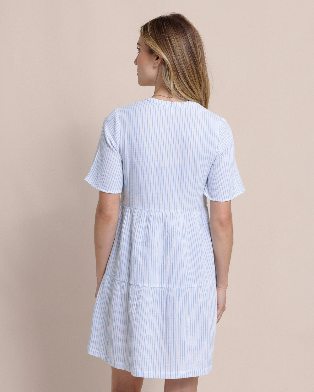 The back view of the Southern Tide Harper Short Sleeve Stripe Dress by Southern Tide - Boat Blue
