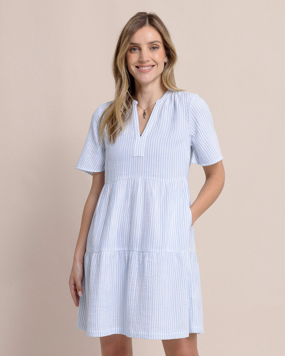 The front view of the Southern Tide Harper Short Sleeve Stripe Dress by Southern Tide - Boat Blue