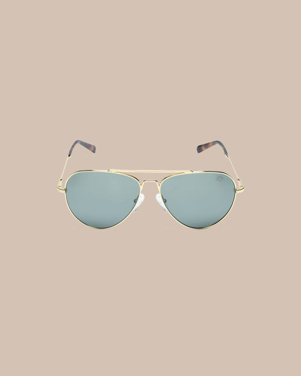 The front view of the Southern Tide Hartwell Aviator Sunglasses by Southern Tide - Yellow Gold Frame with American Green Lens