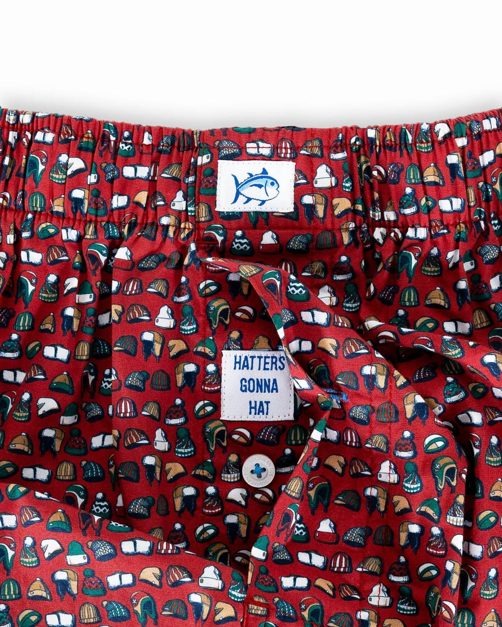 The detail view of the Southern Tide Hatters Gonna Hat Printed Boxer by Southern Tide - Fire Place Red