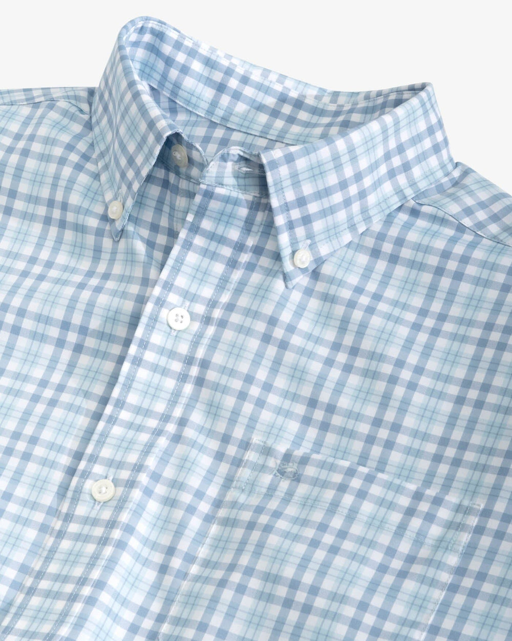 The detail view of the Southern Tide Haywood brrr Plaid Intercoastal Sport Shirts by Southern Tide - Dream Blue