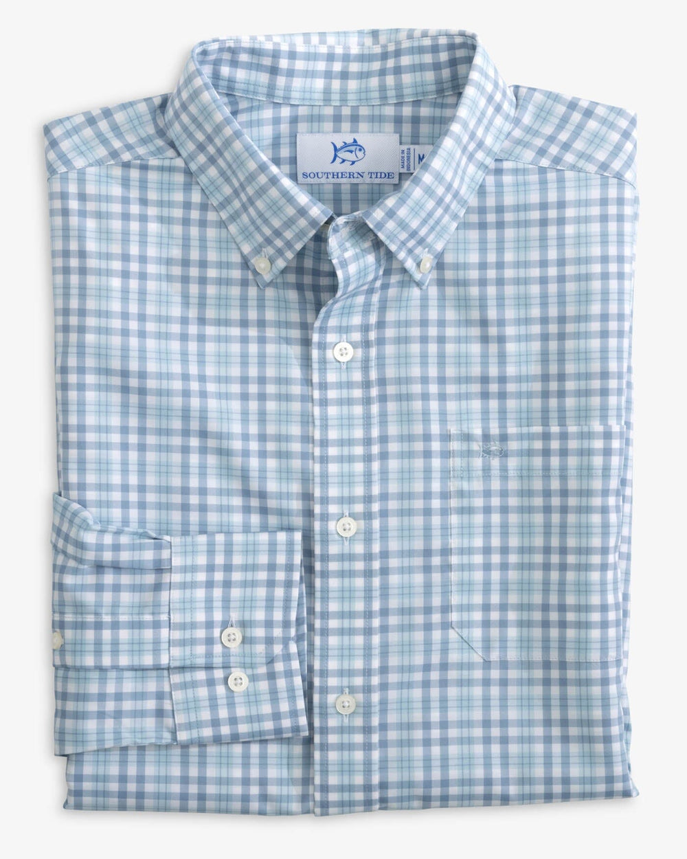 The folded view of the Southern Tide Haywood brrr Plaid Intercoastal Sport Shirts by Southern Tide - Dream Blue