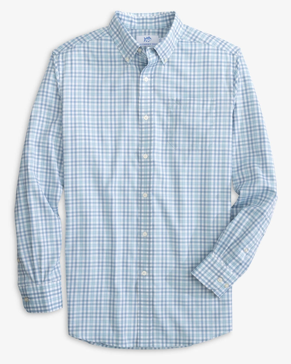 The front view of the Southern Tide Haywood brrr Plaid Intercoastal Sport Shirts by Southern Tide - Dream Blue