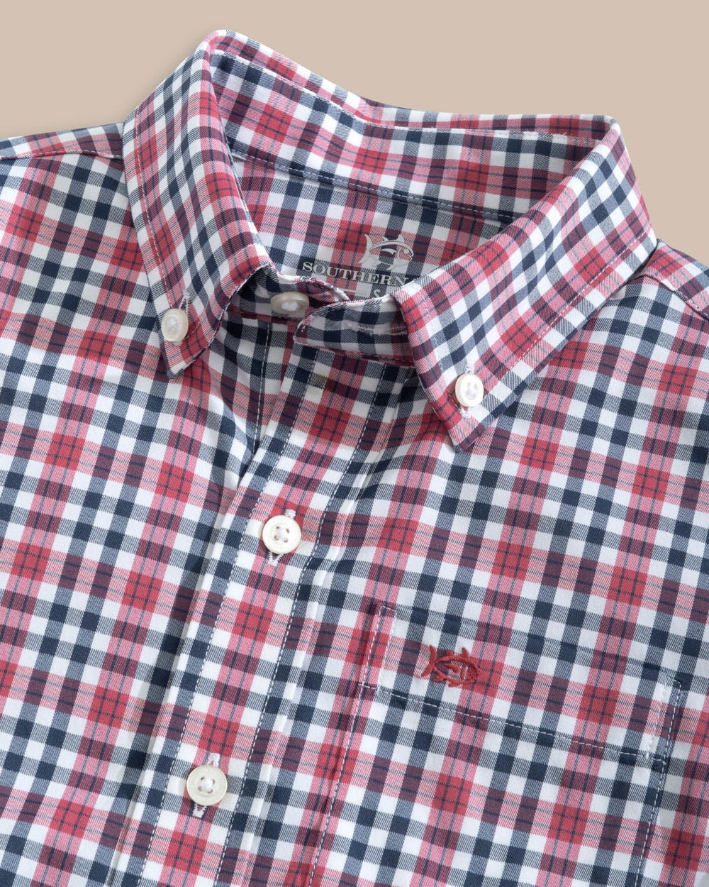 The detail view of the Southern Tide Haywood Intercoastal Plaid Sport Shirt by Southern Tide - Mineral Red