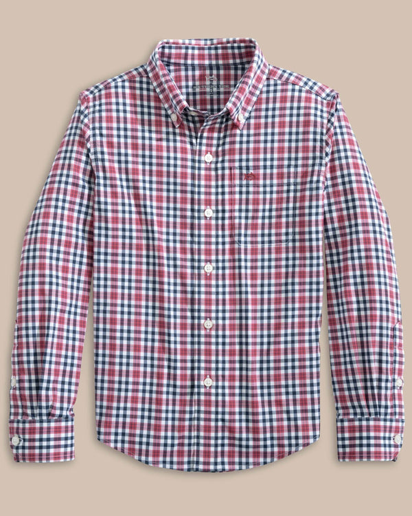 The front view of the Southern Tide Haywood Intercoastal Plaid Sport Shirt by Southern Tide - Mineral Red