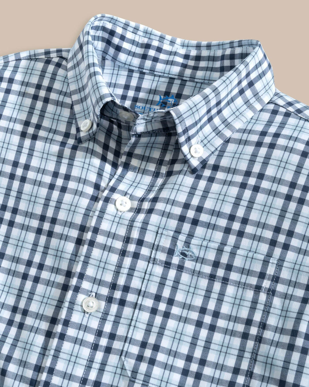 The detail view of the Southern Tide Haywood Intercoastal Plaid Sport Shirt by Southern Tide - Triumph Blue