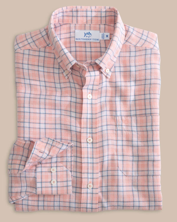 The front view of the Headland Conestee Plaid Long Sleeve Sport Shirt by Southern Tide - Apricot Blush Coral