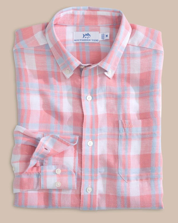 The front view of the Southern Tide Headland Reedy Plaid Long Sleeve Sport Shirt by Southern Tide - Geranium Pink