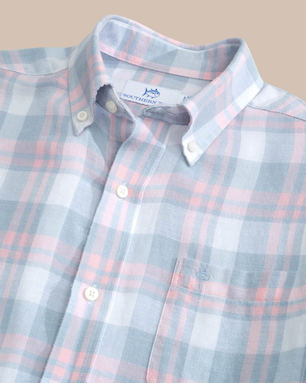 The detail view of the Southern Tide Headland Reedy Plaid Long Sleeve Sport Shirt by Southern Tide - Tsunami Grey