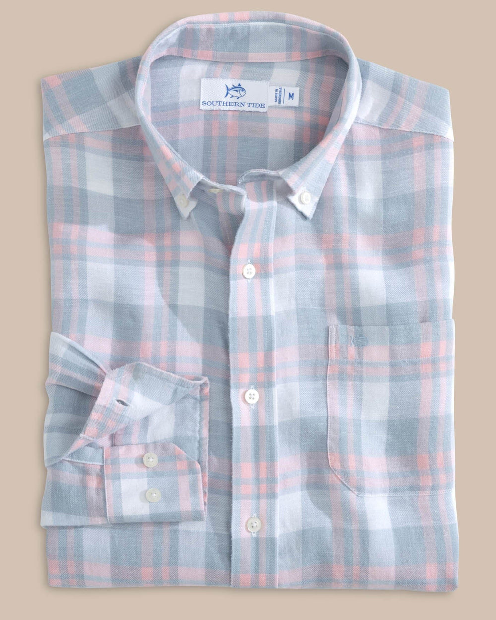 The front view of the Southern Tide Headland Reedy Plaid Long Sleeve Sport Shirt by Southern Tide - Tsunami Grey
