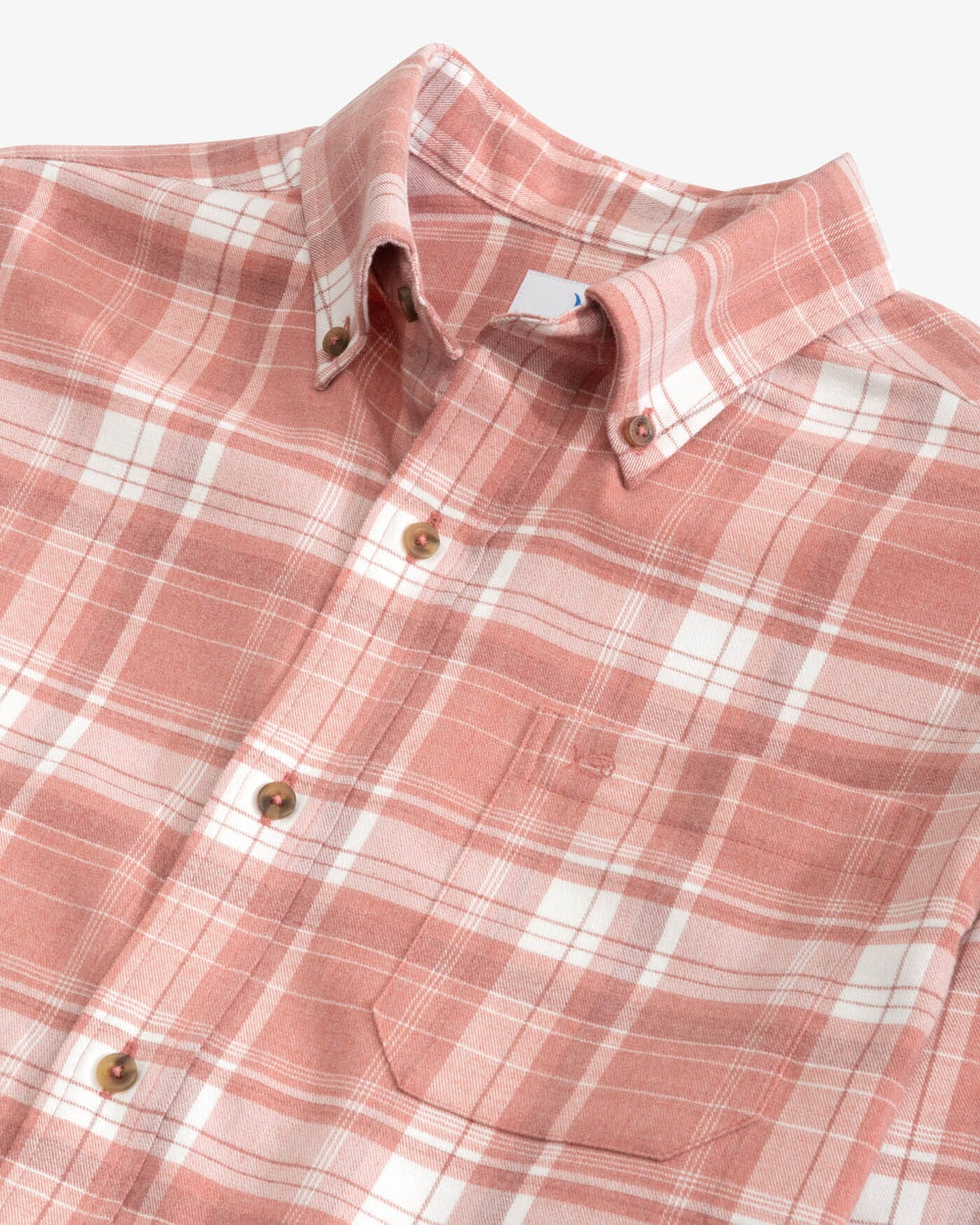 The detail view of the Southern Tide Heather Avondale Plaid Sport Shirt by Southern Tide - Heather Dusty Coral