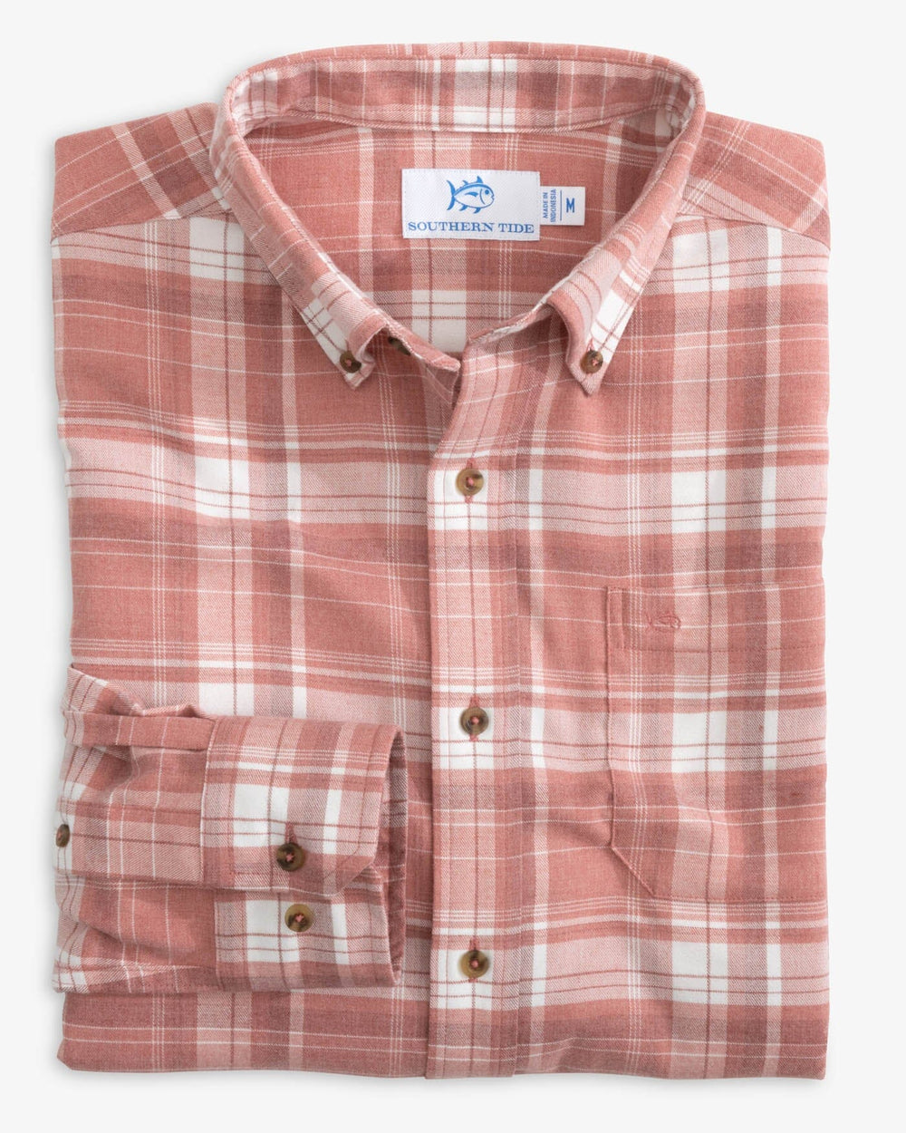 The folded view of the Southern Tide Heather Avondale Plaid Sport Shirt by Southern Tide - Heather Dusty Coral