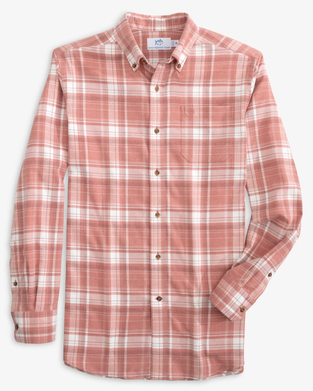 The front view of the Southern Tide Heather Avondale Plaid Sport Shirt by Southern Tide - Heather Dusty Coral