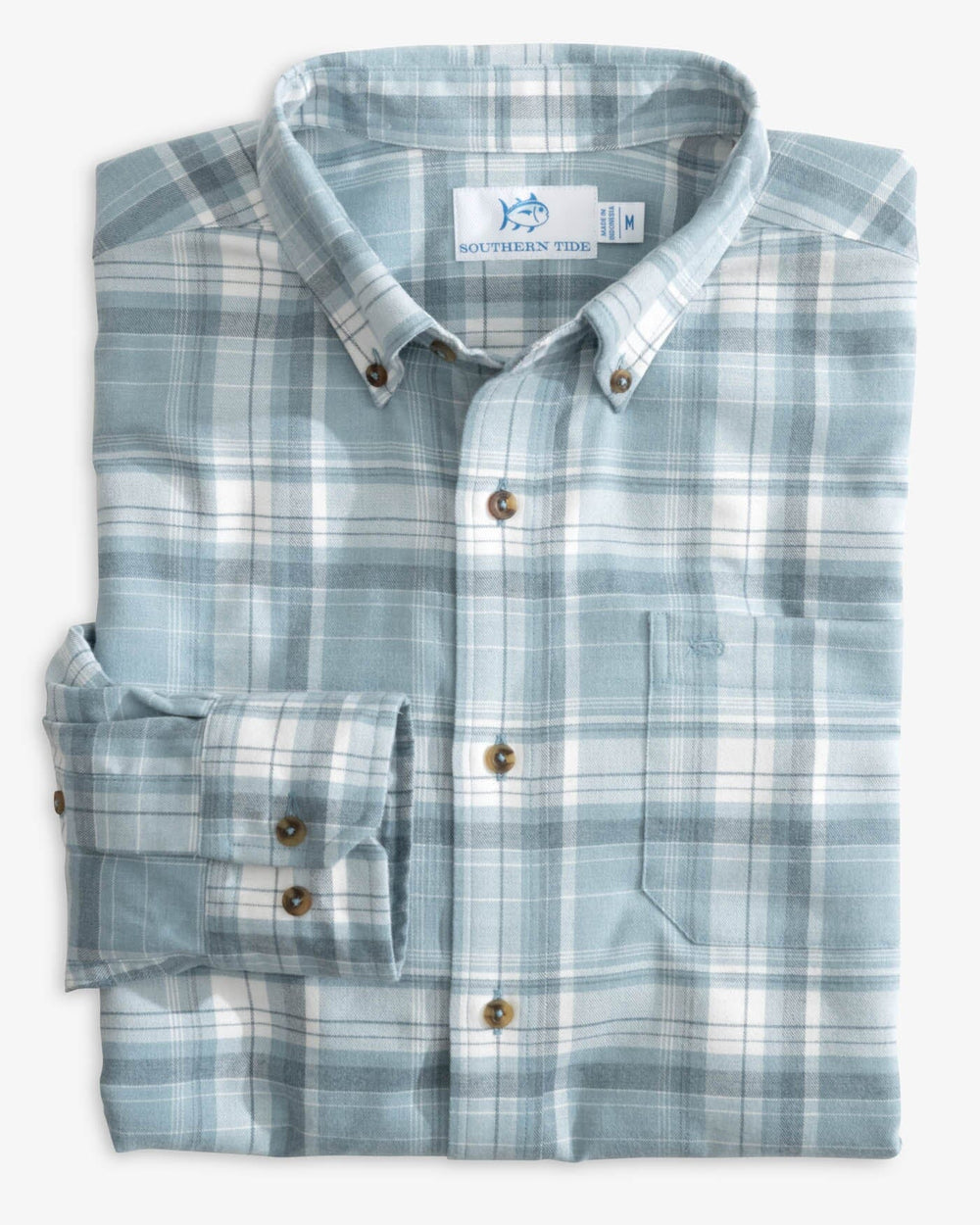 The folded view of the Southern Tide Heather Avondale Plaid Sport Shirt by Southern Tide - Heather Mountain Spring Blue