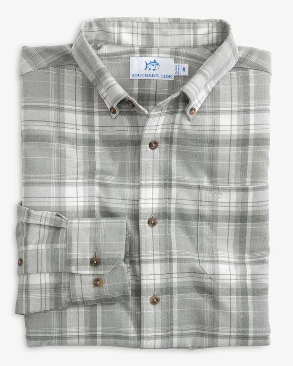 The folded view of the Southern Tide Heather Avondale Plaid Sport Shirt by Southern Tide - Heather Ultimate Grey