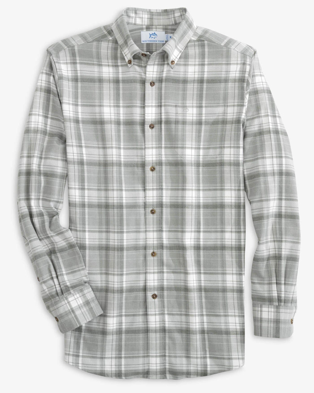 The front view of the Southern Tide Heather Avondale Plaid Sport Shirt by Southern Tide - Heather Ultimate Grey