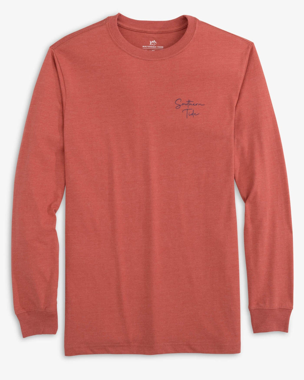 The front view of the Southern Tide Heather Beach Side Long Sleeve T-shirt by Southern Tide - Heather Dusty Coral