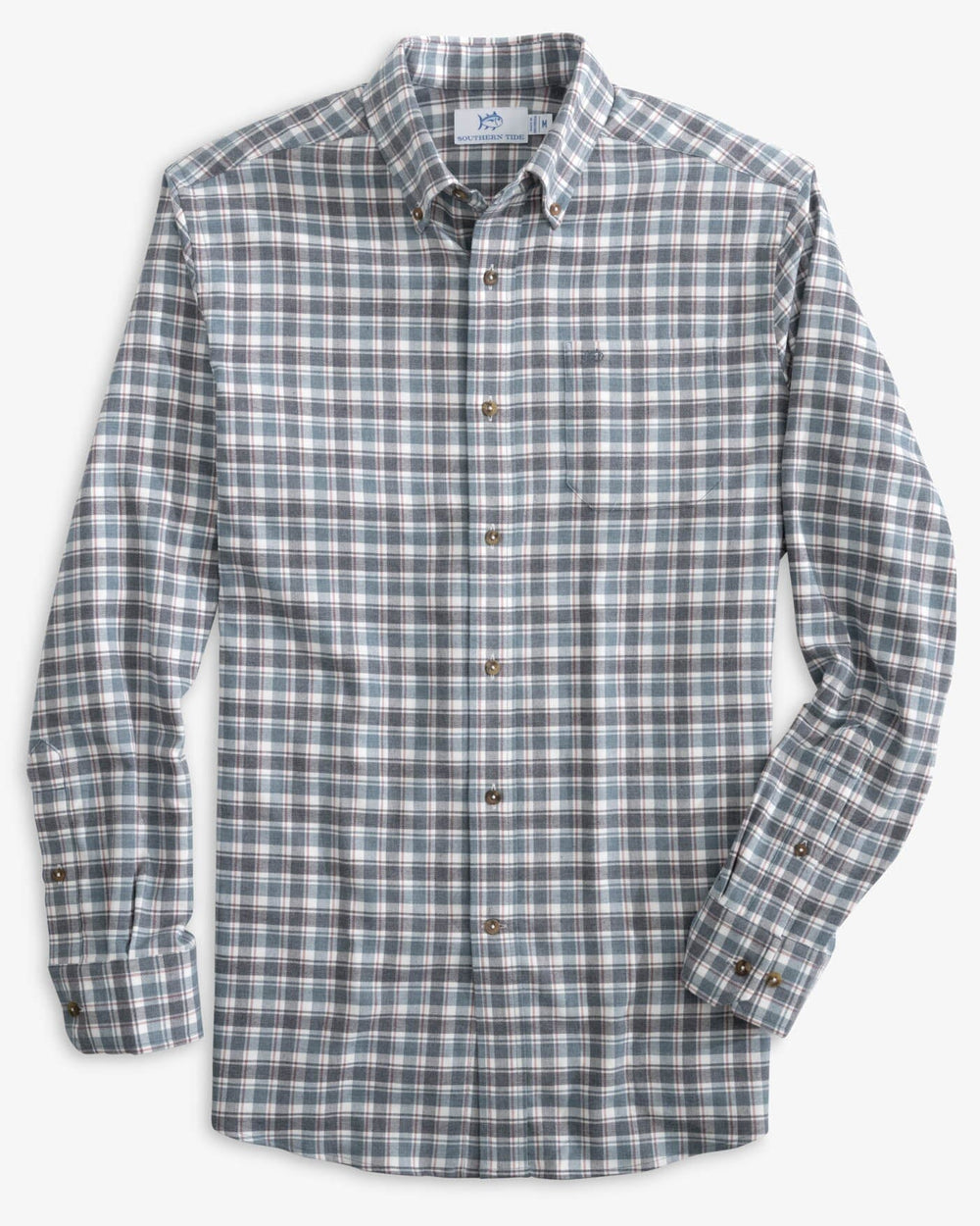 The front view of the Southern Tide Heather Chipley Plaid Intercoastal Flannel Sport Shirts by Southern Tide - Heather Dress Blue