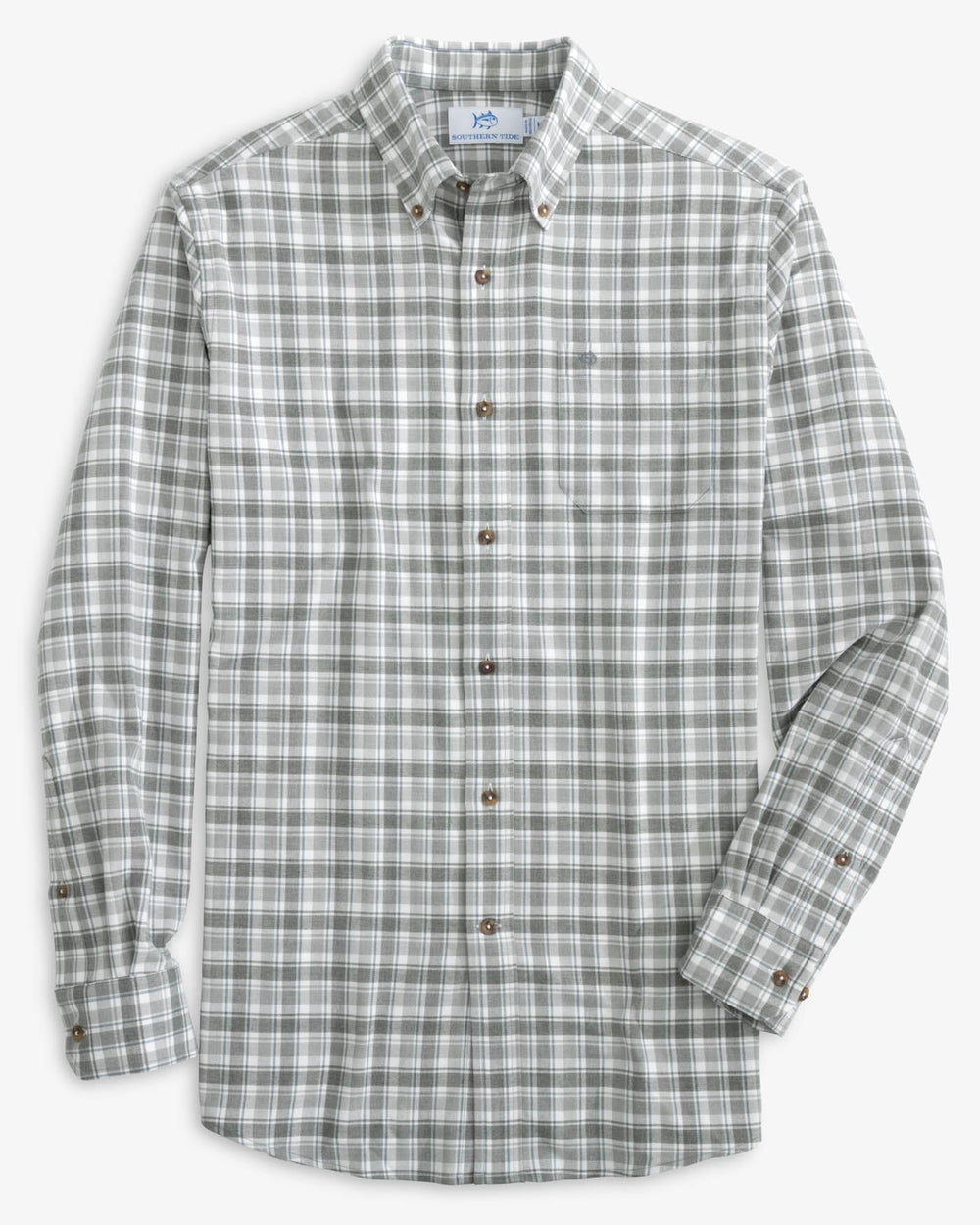The front view of the Southern Tide Heather Chipley Plaid Intercoastal Flannel Sport Shirts by Southern Tide - Heather Shadow Grey