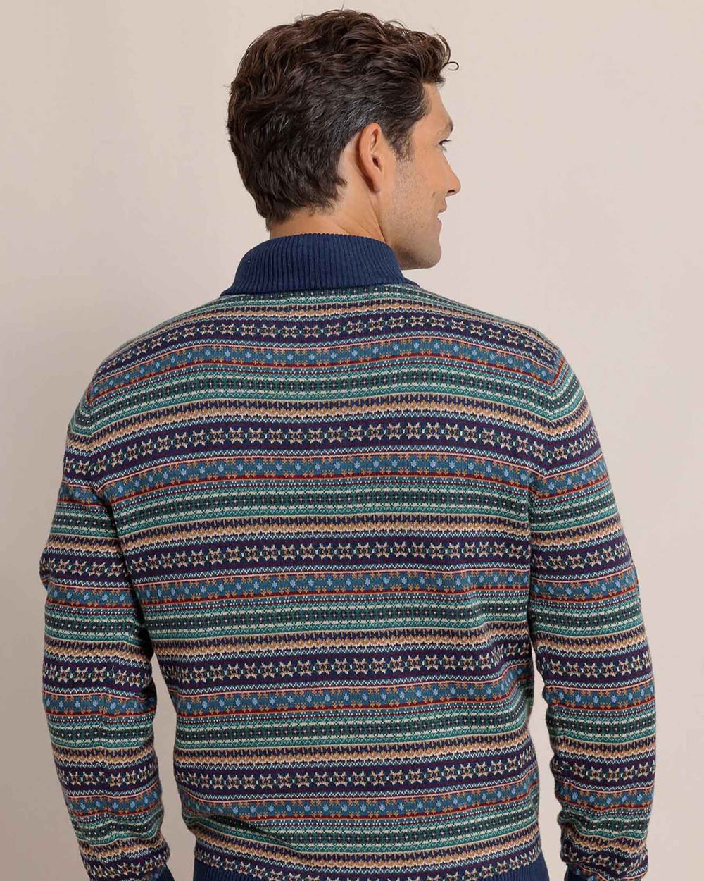 The back view of the Southern Tide Heather Fair Isle Quarter Zip Sweater by Southern Tide - Heather Dress Blue