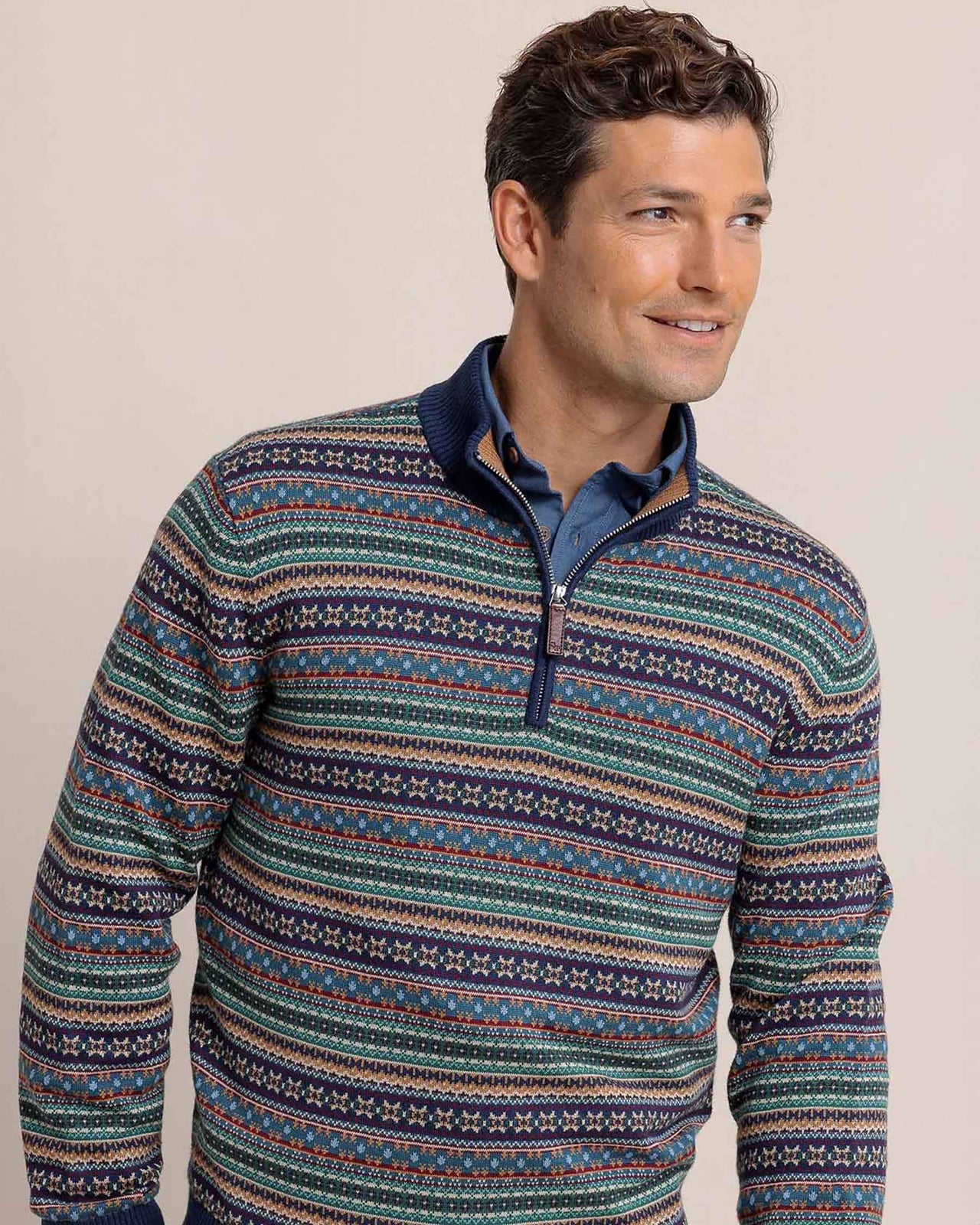 The front view of the Southern Tide Heather Fair Isle Quarter Zip Sweater by Southern Tide - Heather Dress Blue