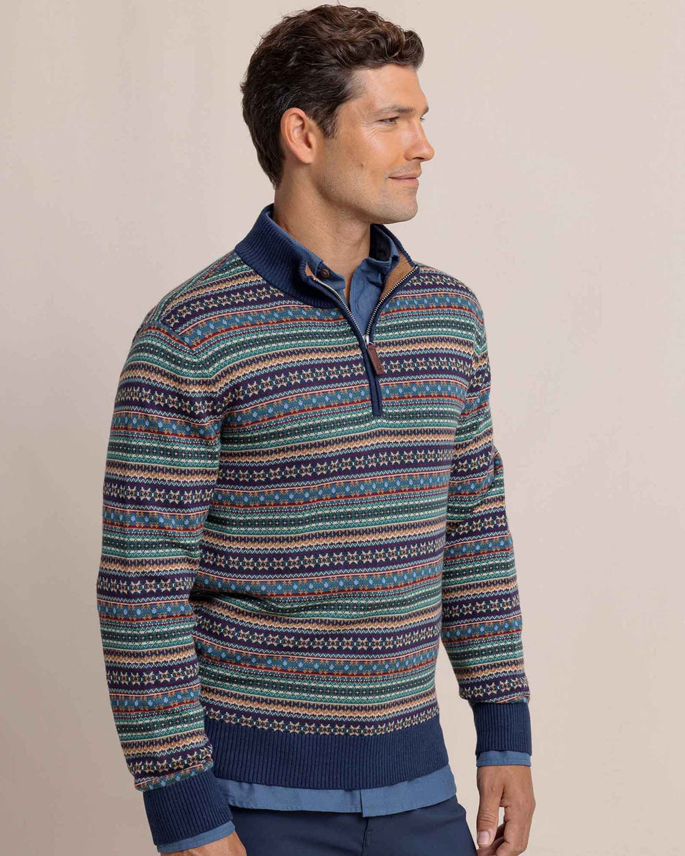 The side view of the Southern Tide Heather Fair Isle Quarter Zip Sweater by Southern Tide - Heather Dress Blue