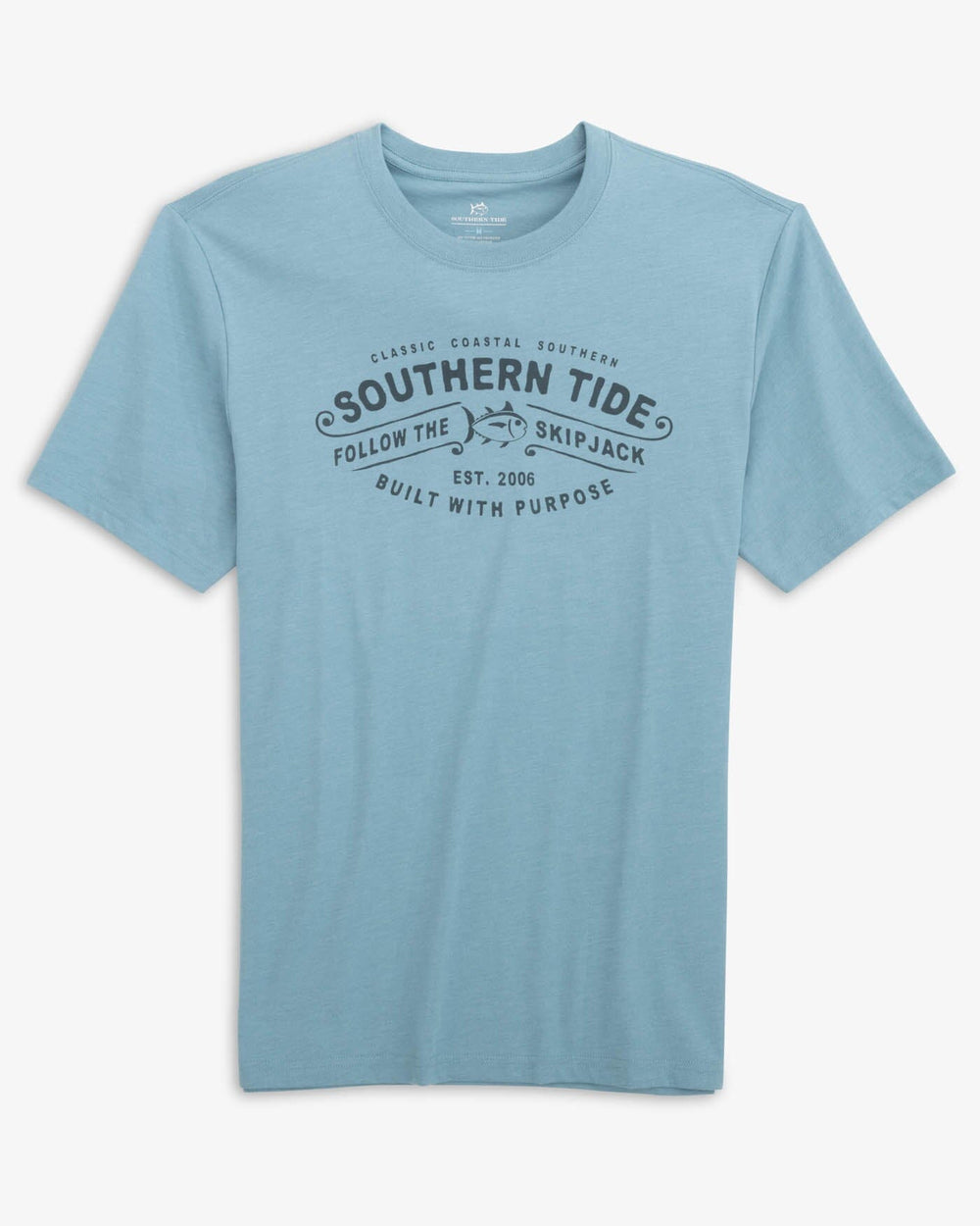 The front view of the Southern Tide Heather Follow The Skipjack T-Shirt by Southern Tide - Heather Blue Shadow