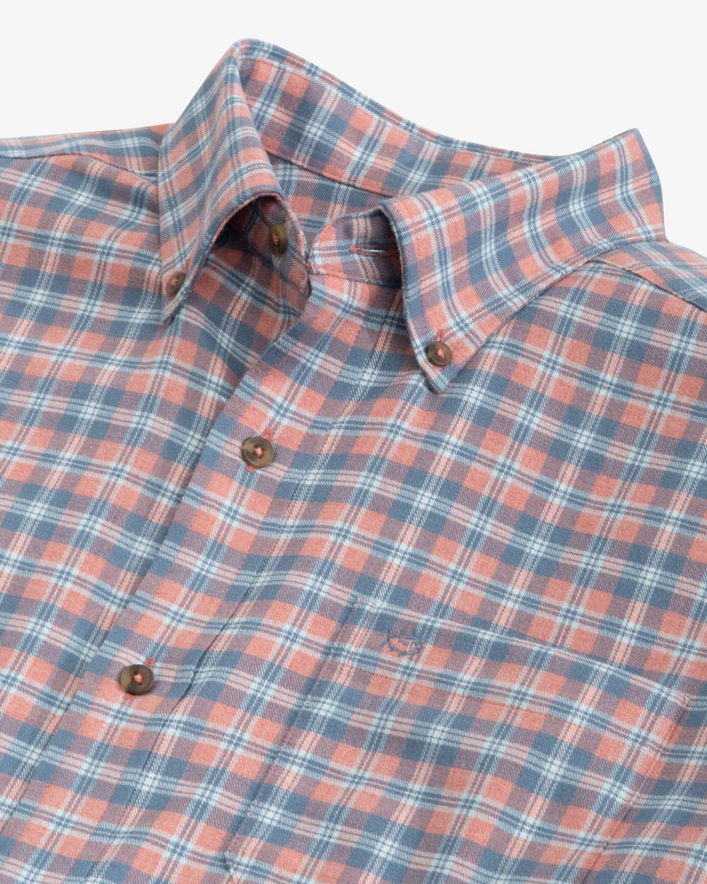 The detail view of the Southern Tide Heather Lakewood Plaid Sport Shirt by Southern Tide - Heather Dusty Coral