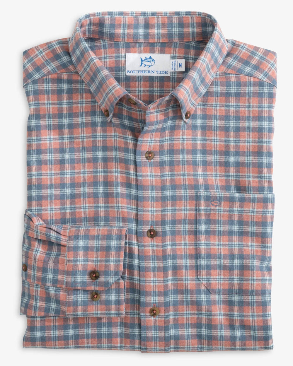 The front view of the Southern Tide Heather Lakewood Plaid Sport Shirt by Southern Tide - Heather Dusty Coral