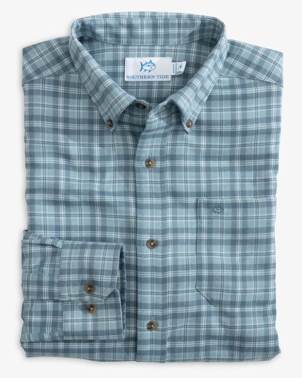 The front view of the Southern Tide Heather Lakewood Plaid Sport Shirt by Southern Tide - Heather Mountain Spring Blue