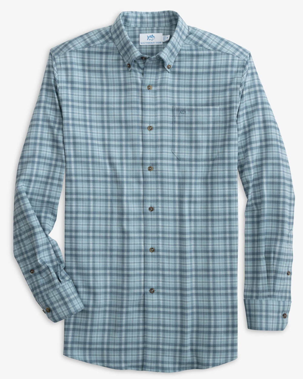 The front view of the Southern Tide Heather Lakewood Plaid Sport Shirt by Southern Tide - Heather Mountain Spring Blue