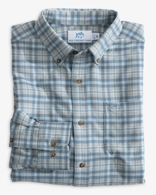 The front view of the Southern Tide Heather Lakewood Plaid Sport Shirt by Southern Tide - Heather Ultimate Grey