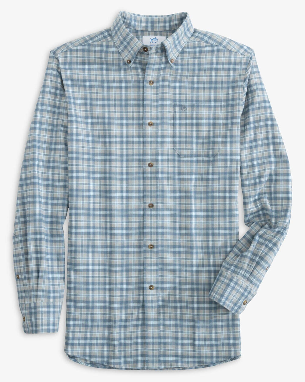 The front view of the Southern Tide Heather Lakewood Plaid Sport Shirt by Southern Tide - Heather Ultimate Grey