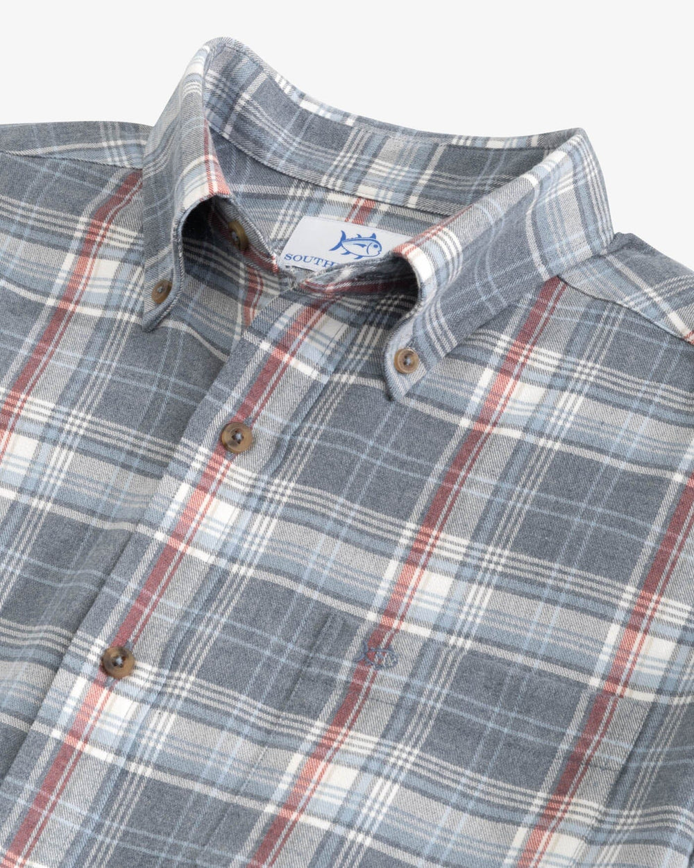 The detail view of the Southern Tide Heather Longleaf Plaid Intercoastal Flannel Sport Shirts by Southern Tide - Heather Dress Blue