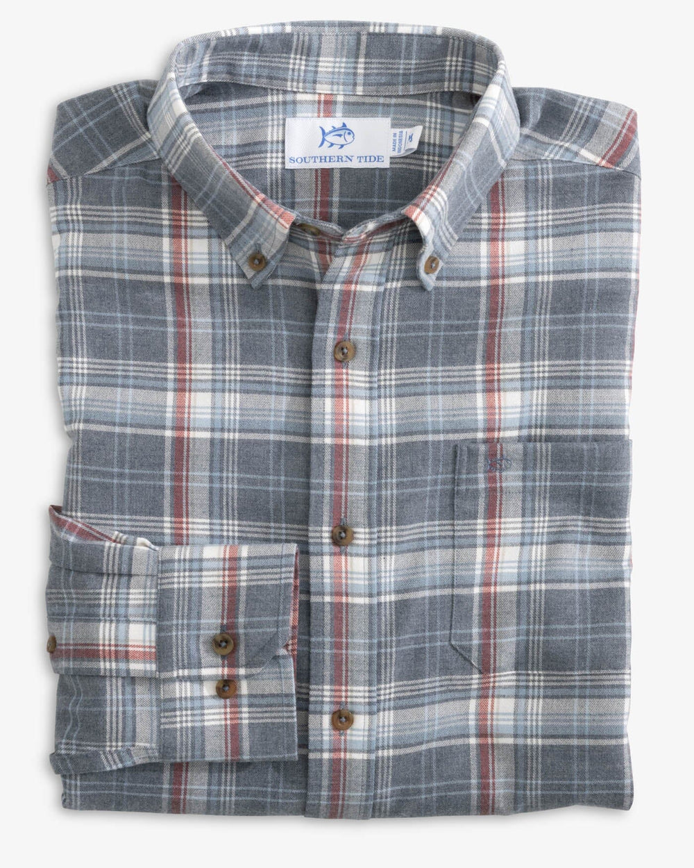 The front view of the Southern Tide Heather Longleaf Plaid Intercoastal Flannel Sport Shirts by Southern Tide - Heather Dress Blue