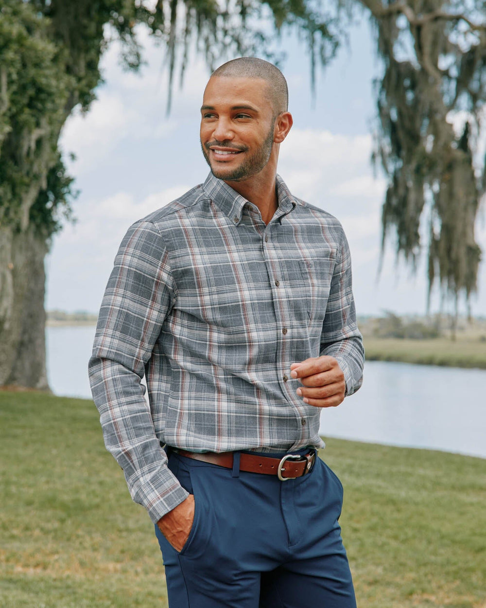 The front view of the Southern Tide Heather Longleaf Plaid Intercoastal Flannel Sport Shirts by Southern Tide - Heather Dress Blue