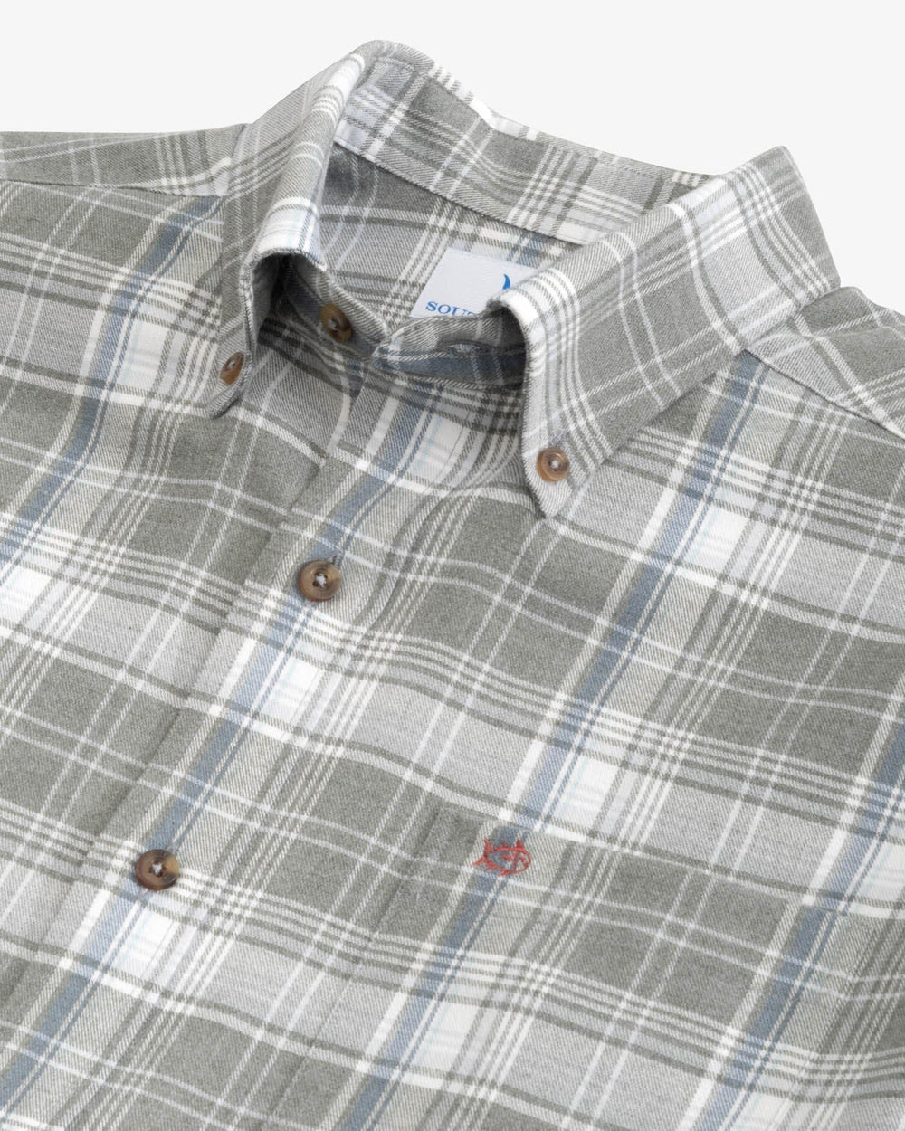 The detail view of the Southern Tide Heather Longleaf Plaid Intercoastal Flannel Sport Shirts by Southern Tide - Heather Shadow Grey