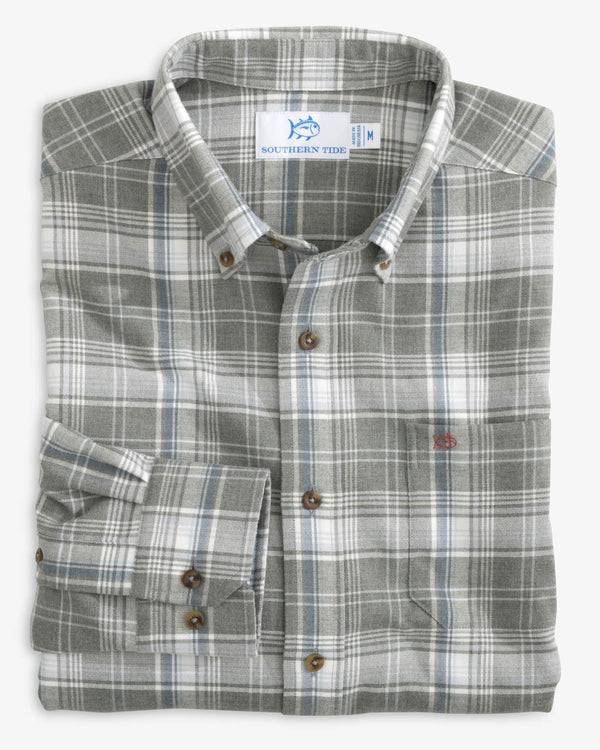 The front view of the Southern Tide Heather Longleaf Plaid Intercoastal Flannel Sport Shirts by Southern Tide - Heather Shadow Grey