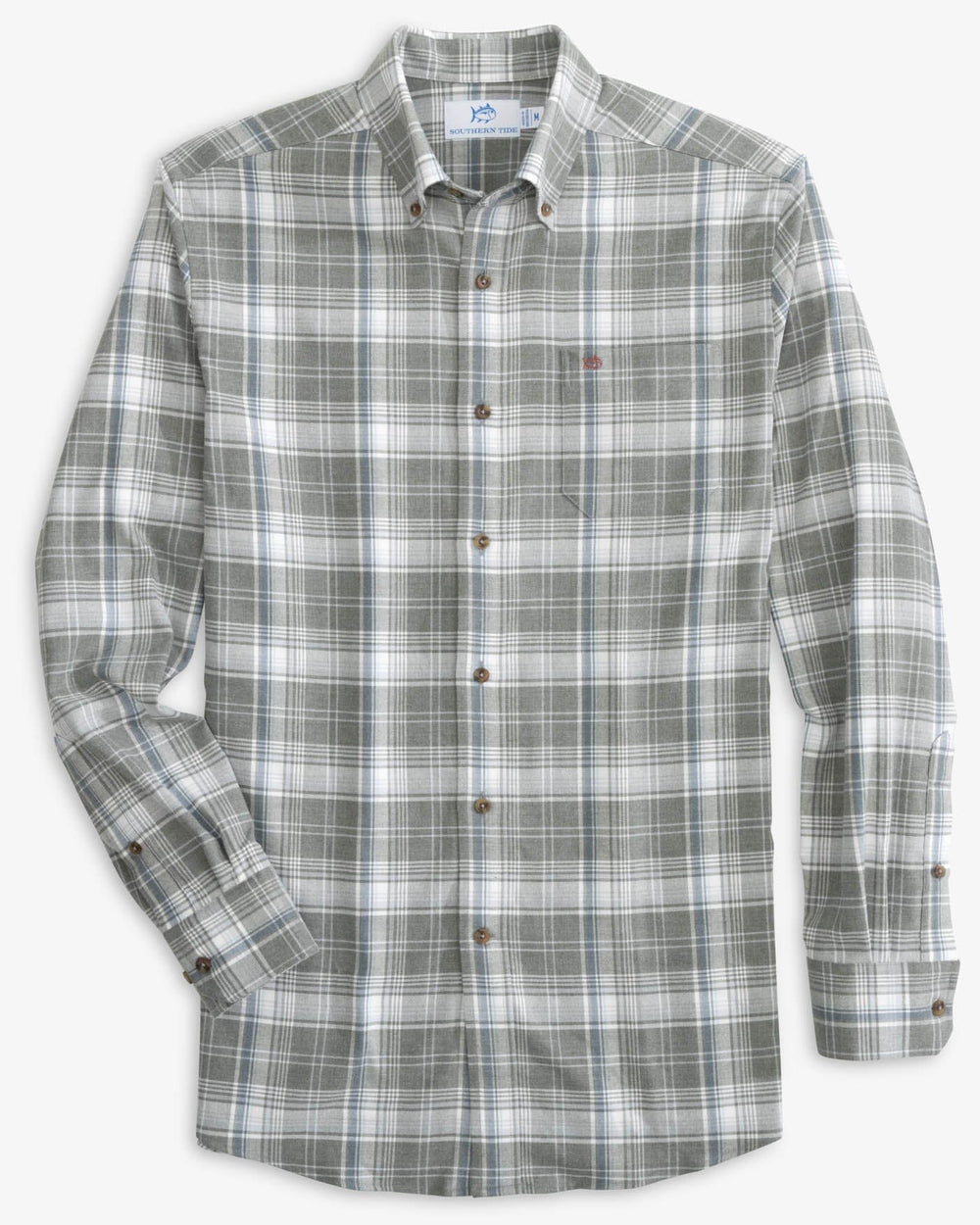 The back view of the Southern Tide Heather Longleaf Plaid Intercoastal Flannel Sport Shirts by Southern Tide - Heather Shadow Grey