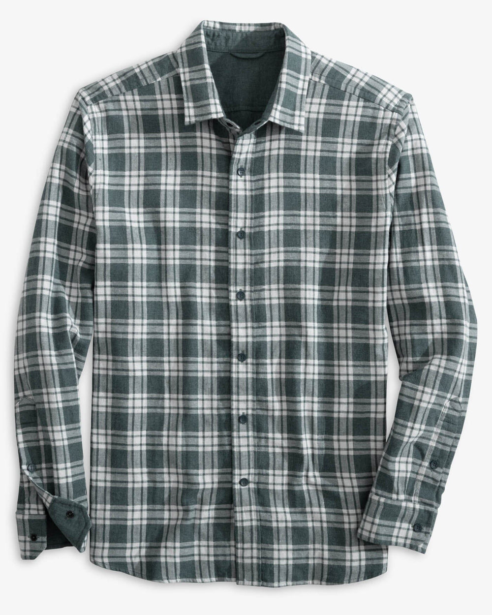 The front view of the Southern Tide Heather Melbourne Reversible Plaid Sport Shirt by Southern Tide - Heather Dark Slate