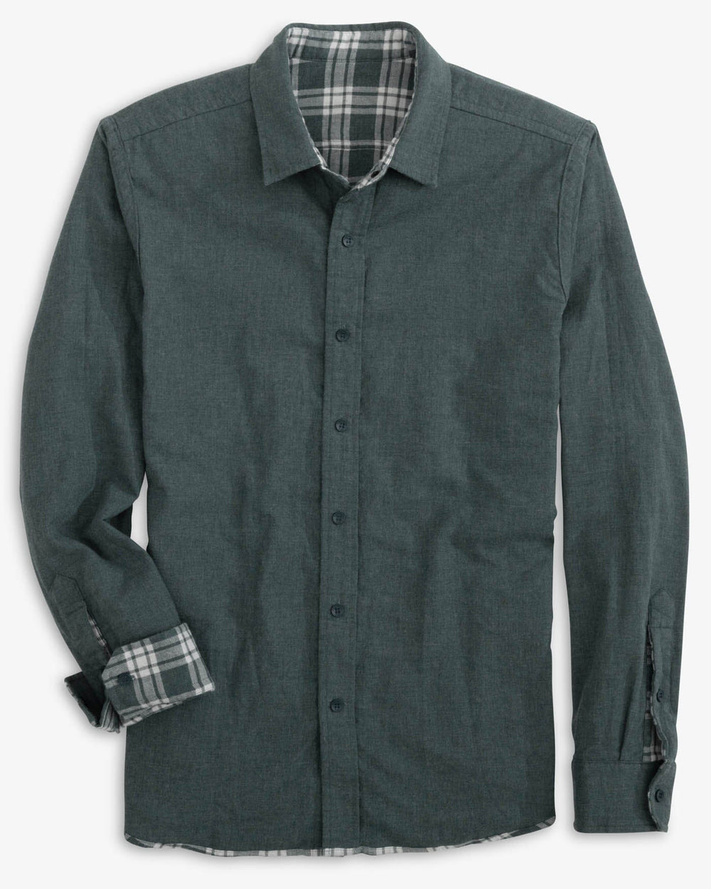The reverse view of the Southern Tide Heather Melbourne Reversible Plaid Sport Shirt by Southern Tide - Heather Dark Slate
