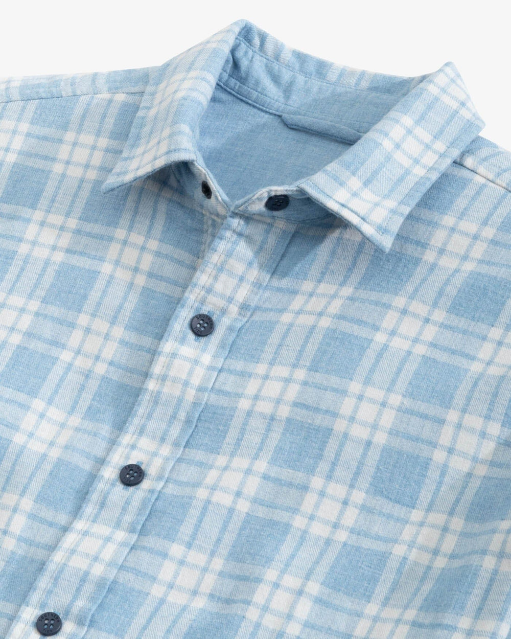 The detail view of the Southern Tide Heather Melbourne Reversible Plaid Sport Shirt by Southern Tide - Heather Mountain Spring Blue