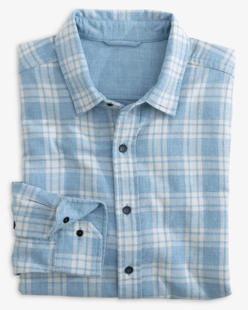 The front view of the Southern Tide Heather Melbourne Reversible Plaid Sport Shirt by Southern Tide - Heather Mountain Spring Blue