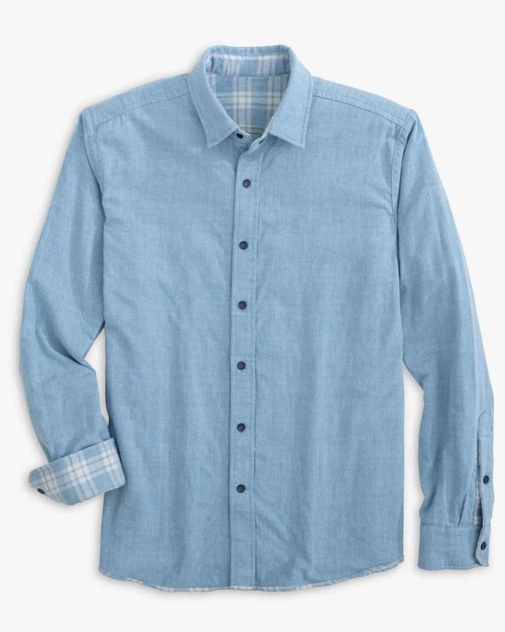 The reverse view of the Southern Tide Heather Melbourne Reversible Plaid Sport Shirt by Southern Tide - Heather Mountain Spring Blue