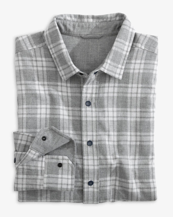 The front view of the Southern Tide Heather Melbourne Reversible Plaid Sport Shirt by Southern Tide - Heather Shadow Grey