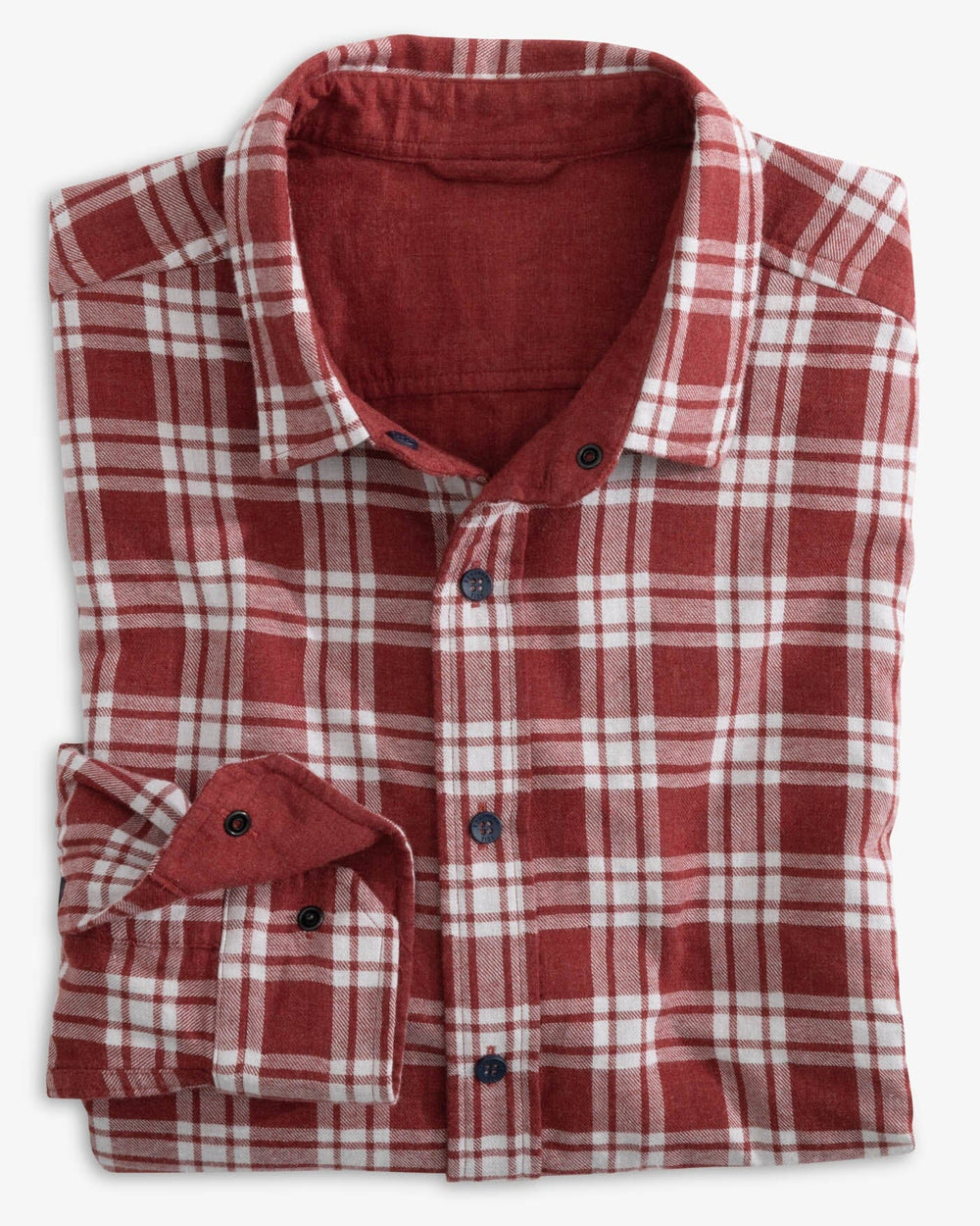 The front view of the Southern Tide Heather Melbourne Reversible Plaid Sport Shirt by Southern Tide - Heather Tuscany Red
