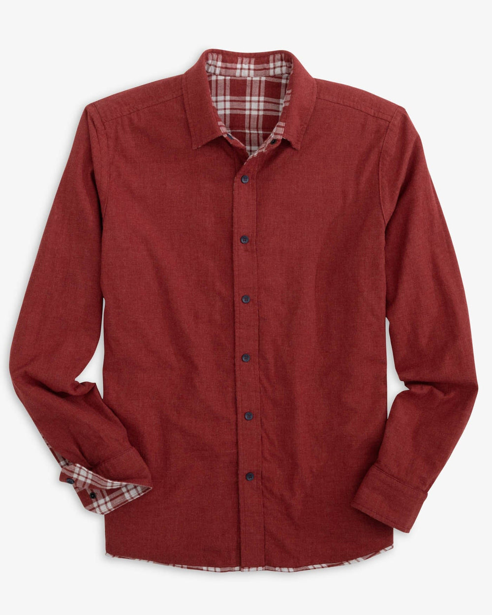 The reverse view of the Southern Tide Heather Melbourne Reversible Plaid Sport Shirt by Southern Tide - Heather Tuscany Red