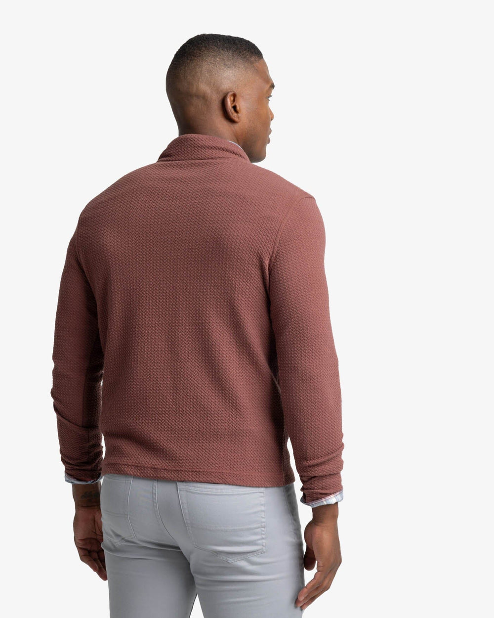 The back view of the Southern Tide Heather Outbound Quarter Zip by Southern Tide - Heather Bordeaux Red