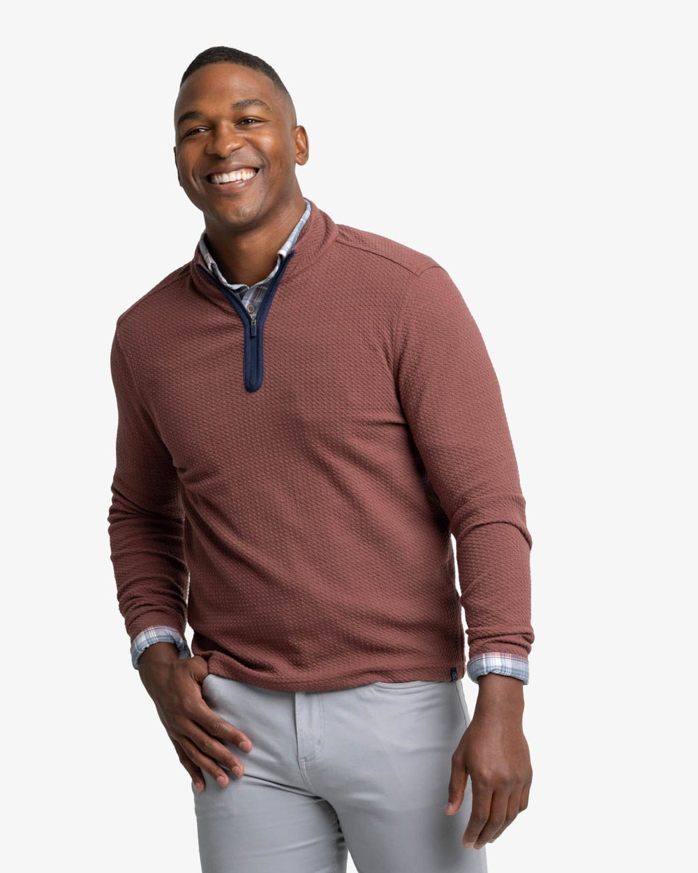 The front view of the Southern Tide Heather Outbound Quarter Zip by Southern Tide - Heather Bordeaux Red